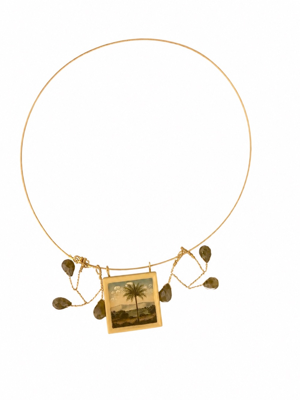 14K Yellow Gold Signed Hand Painted Palm Tree Landscape Pendant Collar Necklace